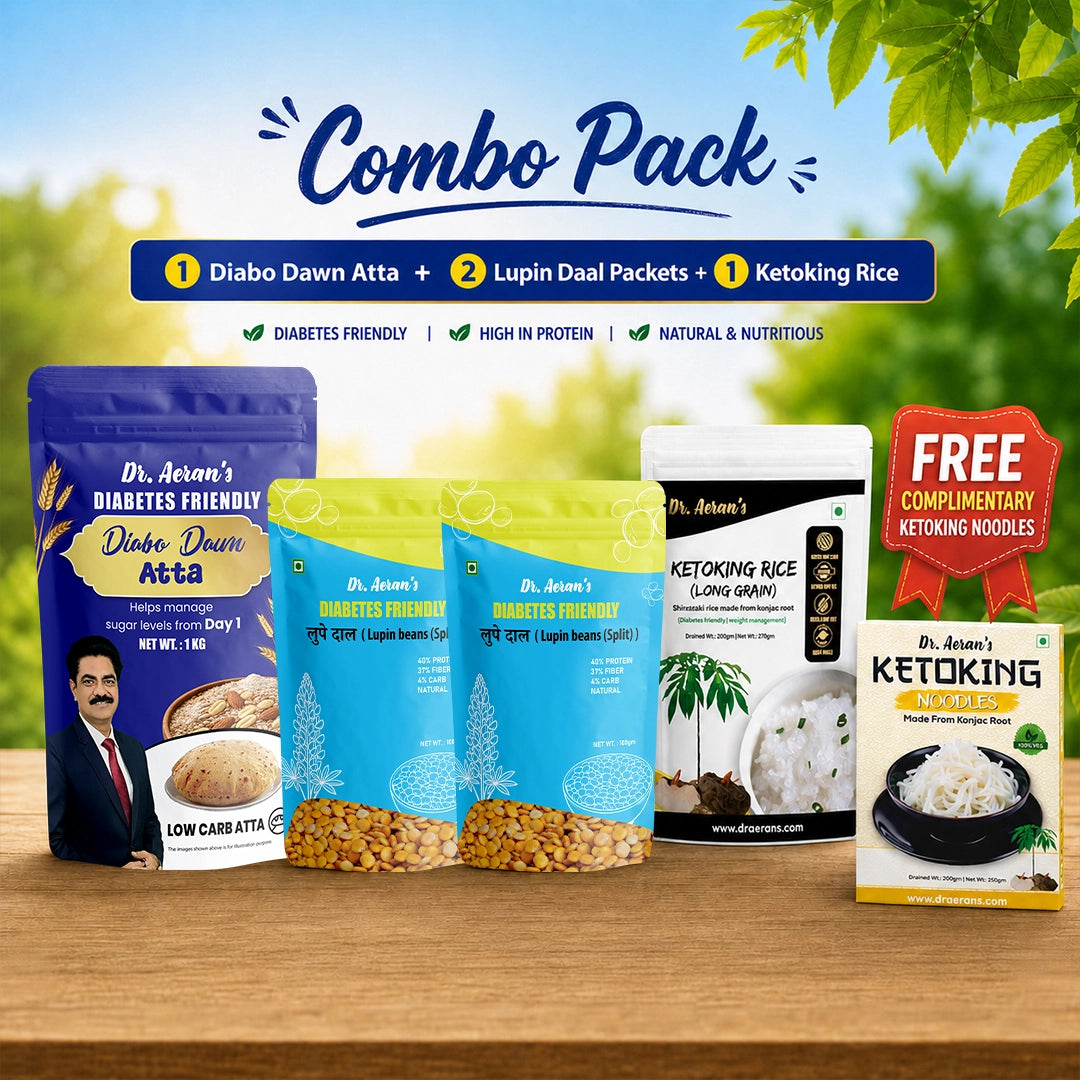 Diabetes-Friendly Combo Pack | 1 Pack Low Carb Atta + 2 pack Lupin Dal + 1 Pack Shirataki Rice + 1 Pack FREE Shirataki Noodles | Blood Sugar Support Bundle