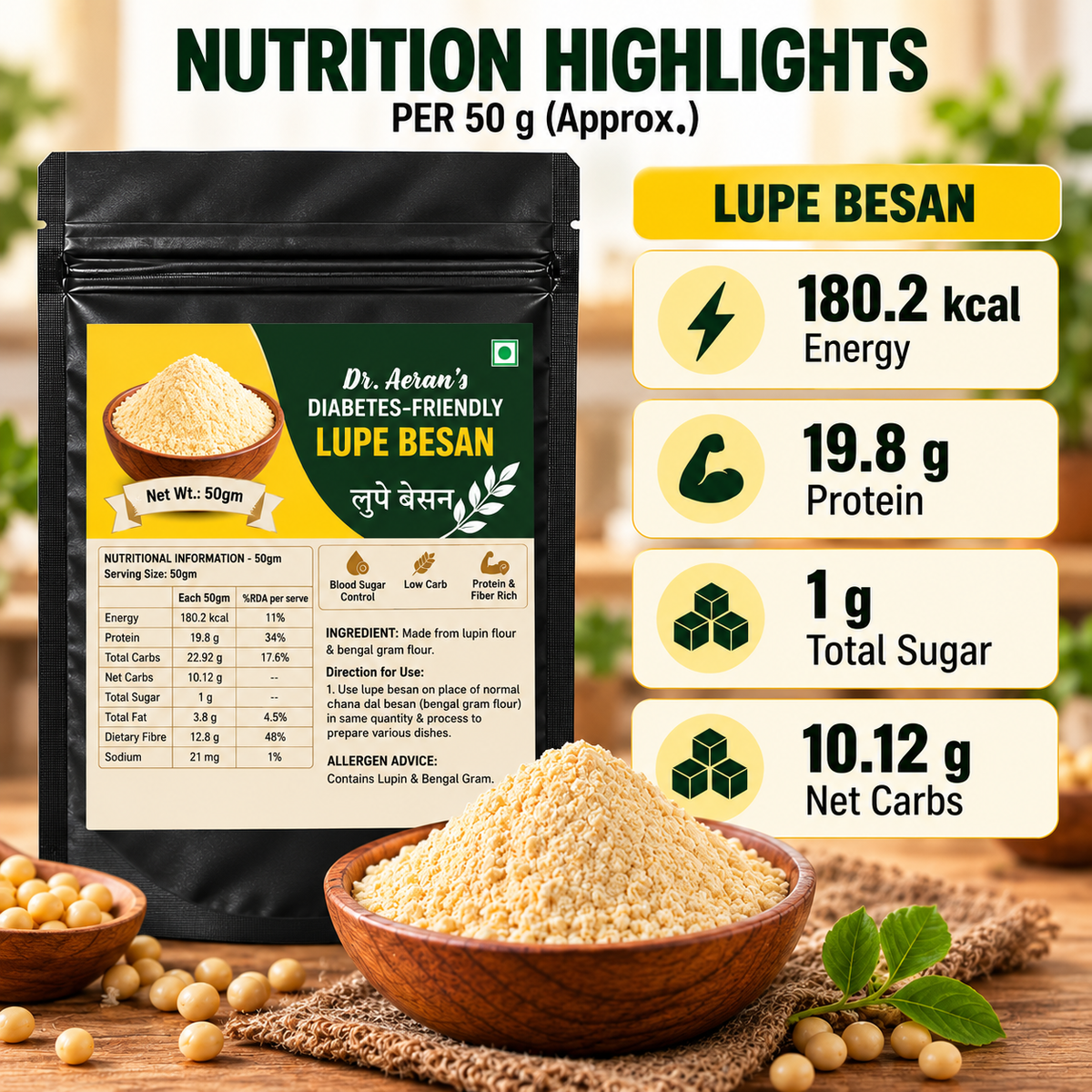 Dr. Aeran's Diabetes-Friendly Lupin Dal & Lupin Besan Combo | High Protein, High Fibre | 2 × 50 g