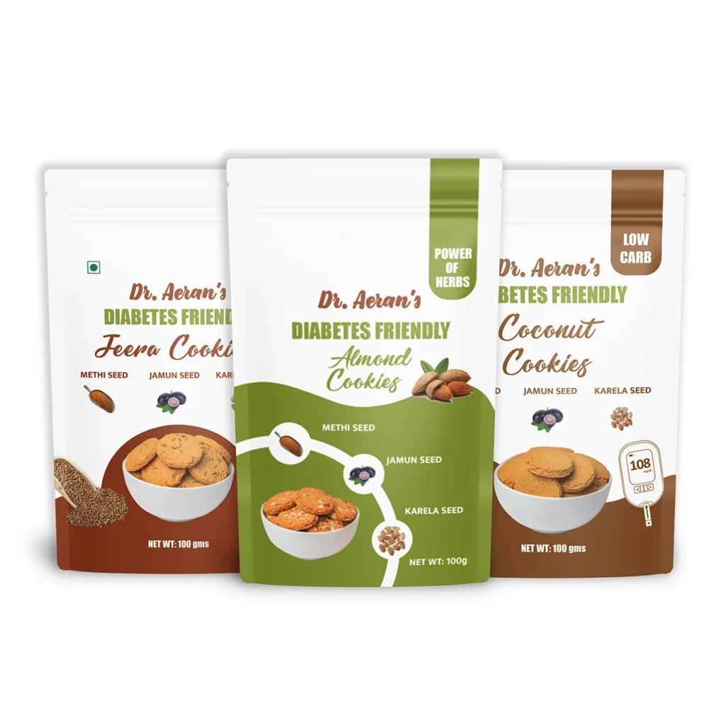 Dr. Aeran’s Diabetes Friendly Cookies Combo (Almond, Jeera & Coconut – 100gm each)
