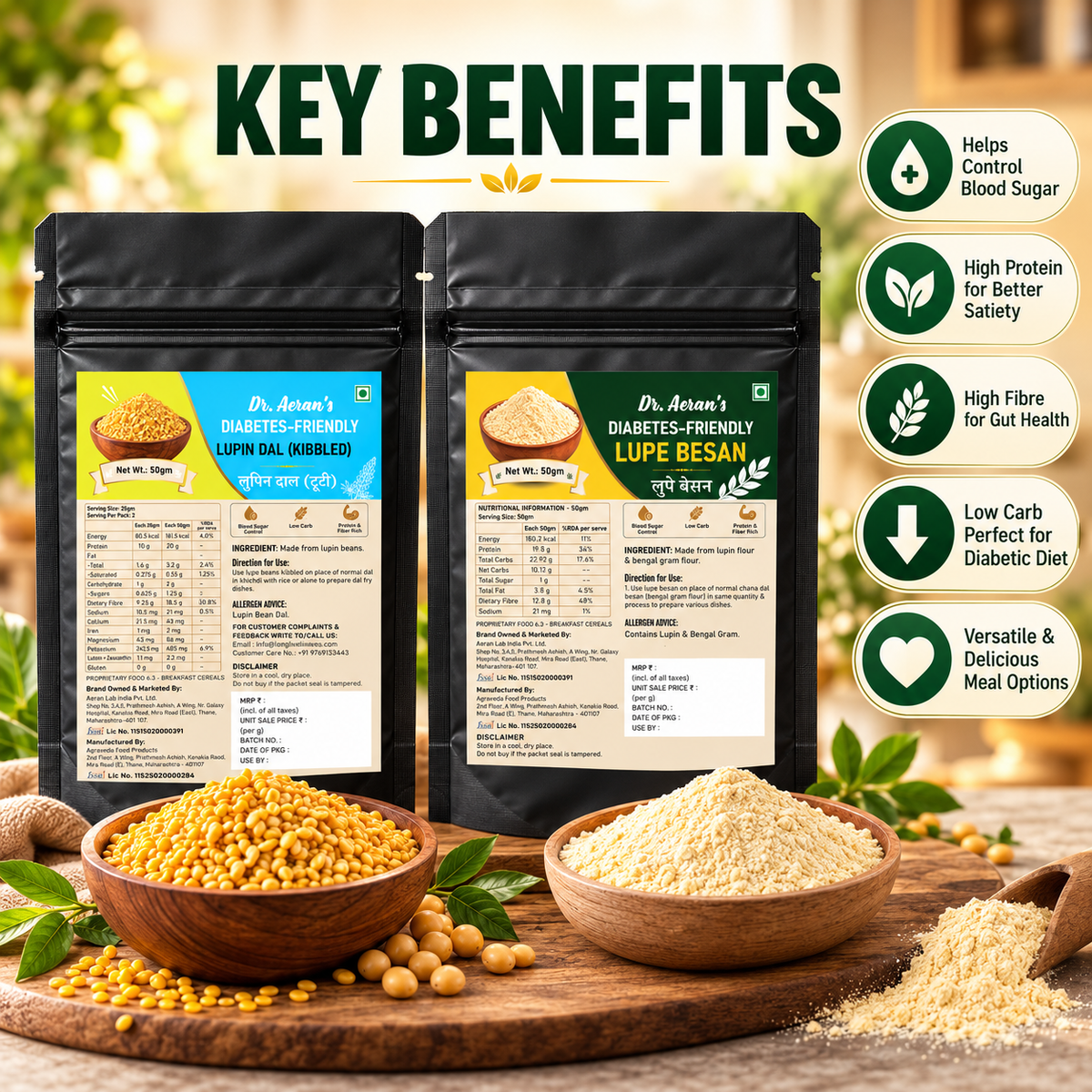 Dr. Aeran's Diabetes-Friendly Lupin Dal & Lupin Besan Combo | High Protein, High Fibre | 2 × 50 g
