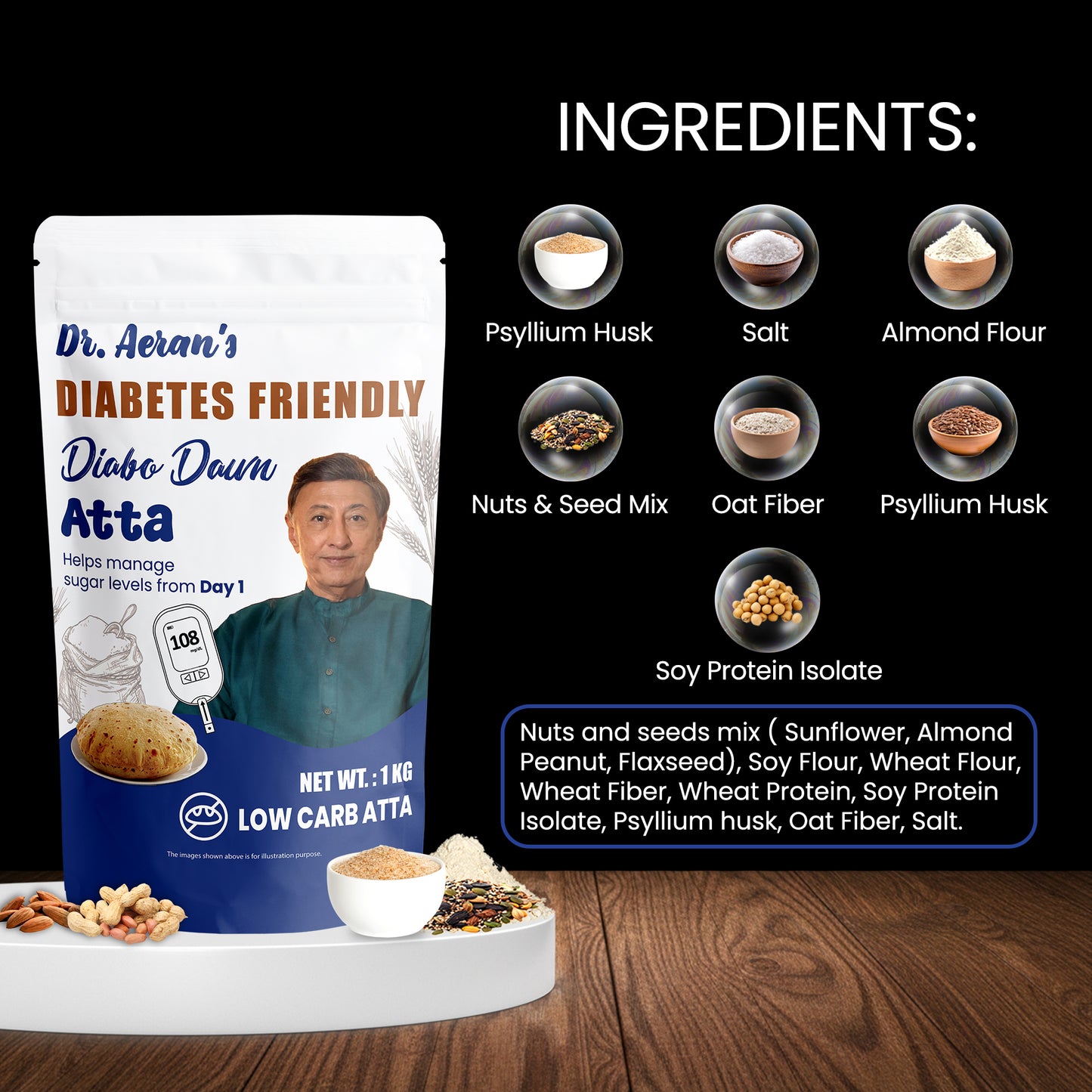 Dr. Aeran’s Diabo Dawn Atta | Low Carb High Fibre Atta | High Protein Flour | No Added Sugar | Suitable for Controlled Carbohydrate Diet