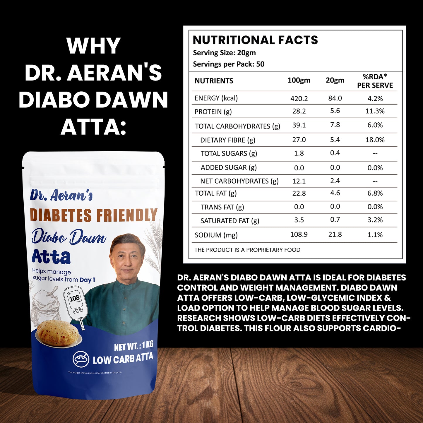 Dr. Aeran’s Diabo Dawn Atta | Low Carb High Fibre Atta | High Protein Flour | No Added Sugar | Suitable for Controlled Carbohydrate Diet
