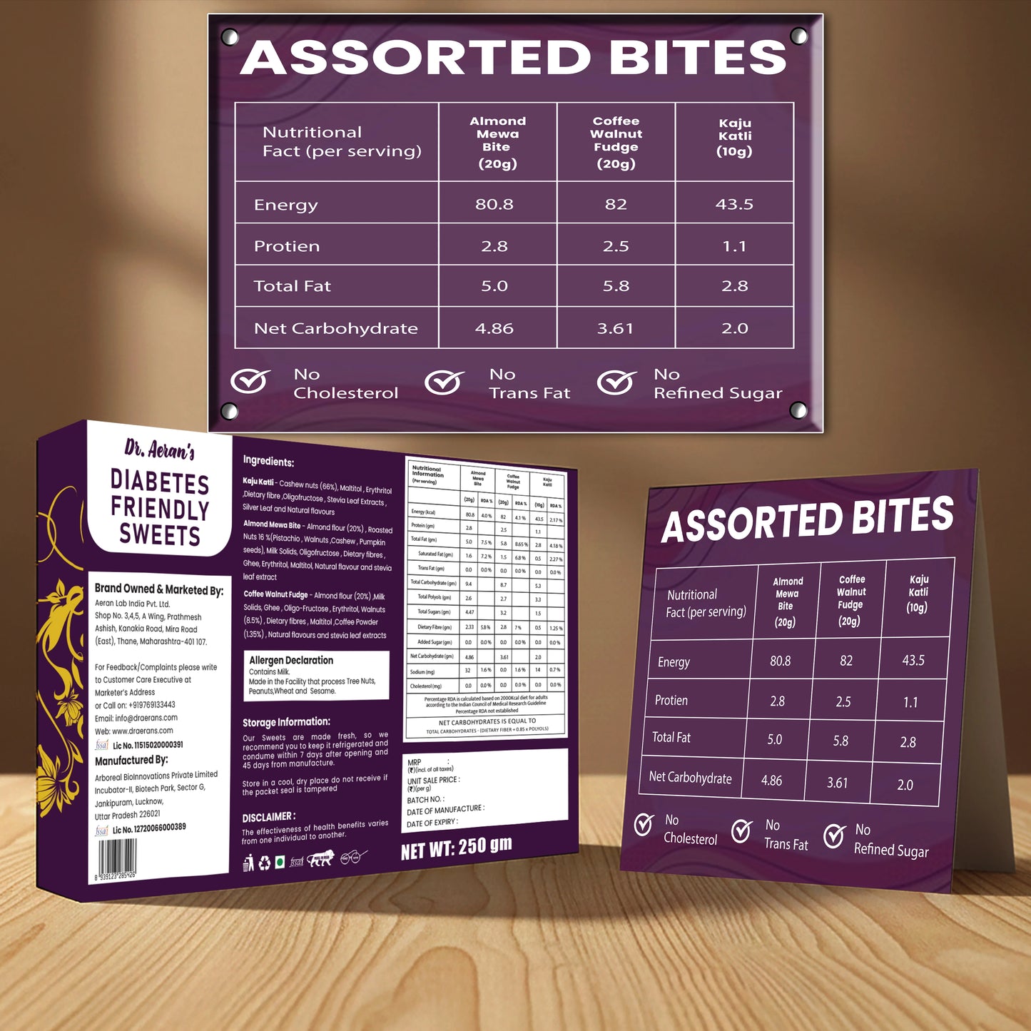 Dr. Aeran’s Sugar Free Sweets Assorted – Almond Barfi, Kaju Katli & Walnut Fudge (250g)