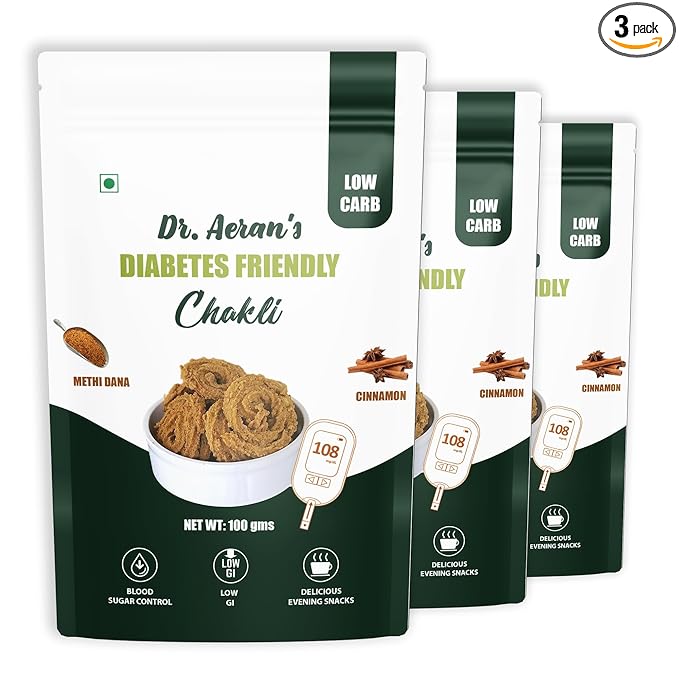 Three packages of Dr. Aeran's Low Carb Chakli, with the main package showing the product name and benefits like low sugar, high fiber, and no added sugar.