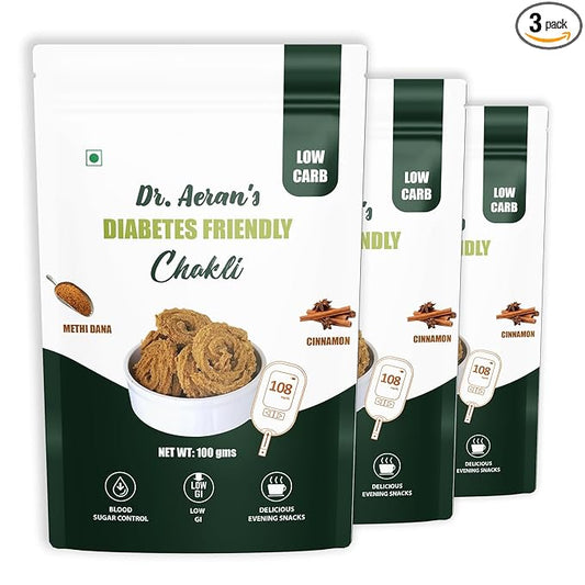 Three packages of Dr. Aeran's Low Carb Chakli, with the main package showing the product name and benefits like low sugar, high fiber, and no added sugar.