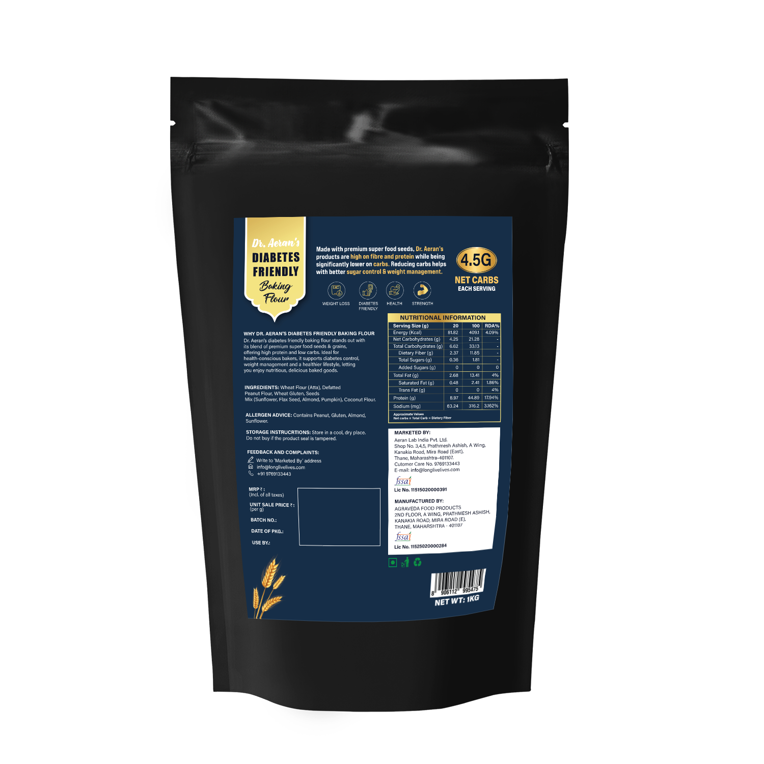 Dr. Aeran's Diabetes Friendly Baking Flour 1kg - Low Carb High Protein High Fibre Flour for Healthy Baking, Cakes, Bread and Cookies