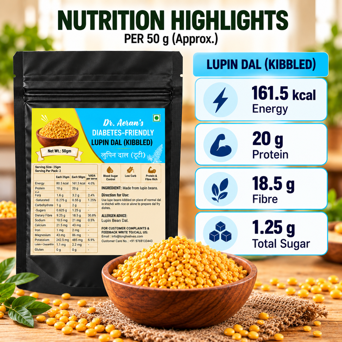 Dr. Aeran's Diabetes-Friendly Lupin Dal & Lupin Besan Combo | High Protein, High Fibre | 2 × 50 g