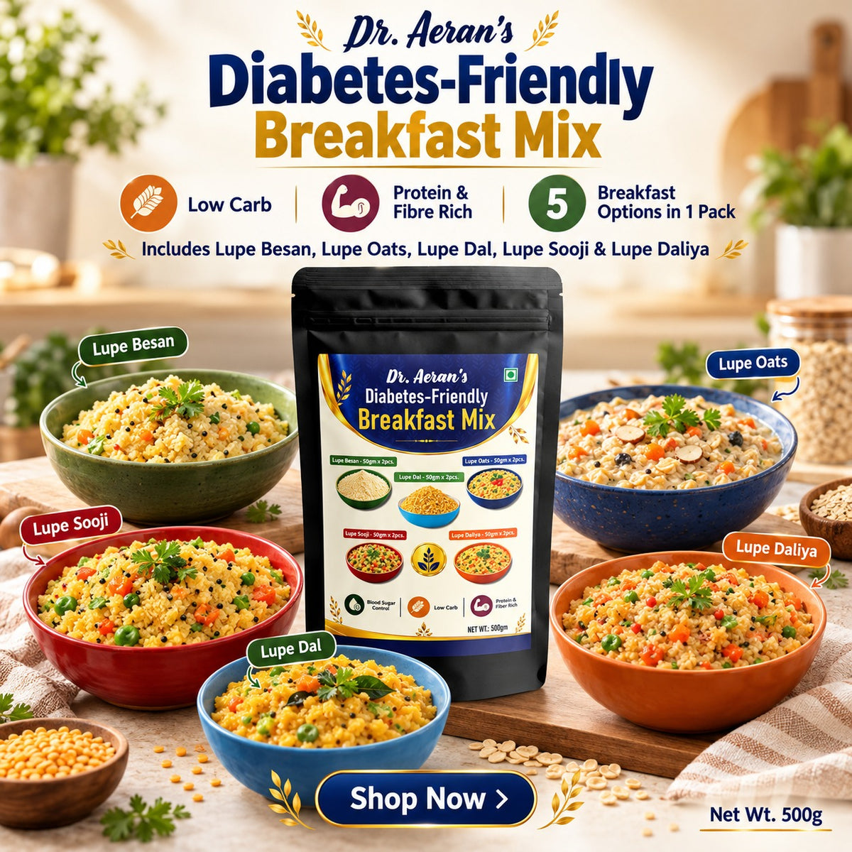 Dr. Aeran’s Diabetes-Friendly Breakfast Mix | Low-Carb, High-Protein & High-Fibre Breakfast Combo | Lupin Besan, Oats, Dal, Sooji & Daliya | 500g