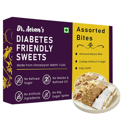 Dr. Aeran’s Diabetes Friendly Sweets Assorted Bites | Almond Mewa Barfi, Kaju Katli & Coffee Walnut Fudge ) (250gm pack)