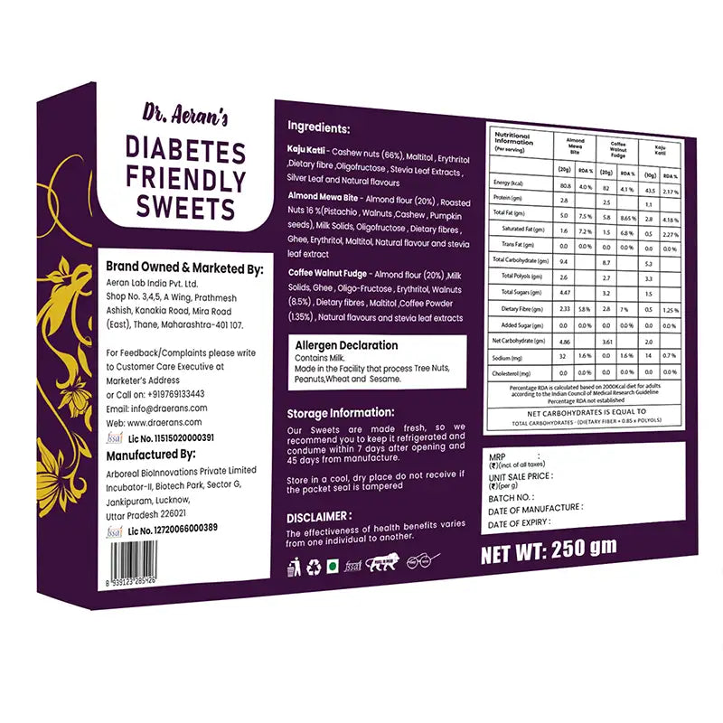 Dr. Aeran’s Diabetes Friendly Sweets Assorted Bites | Almond Mewa Barfi, Kaju Katli & Coffee Walnut Fudge ) (250gm pack)