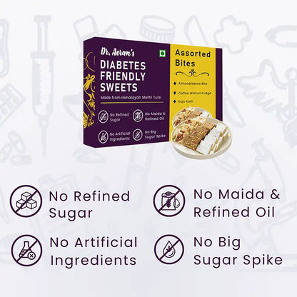 Dr. Aeran’s Diabetes Friendly Sweets Assorted Bites | Almond Mewa Barfi, Kaju Katli & Coffee Walnut Fudge ) (250gm pack)