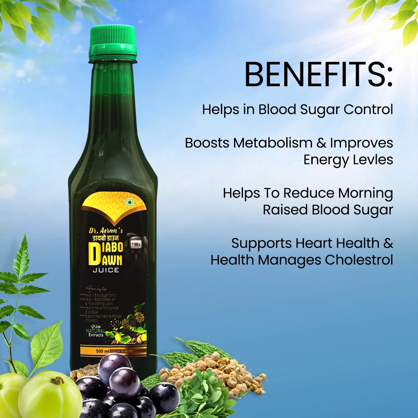 Dr. Aeran’s Diabo Dawn Juice – Ayurvedic Diabetes Care with Amla, Jamun & Karela (Pack of 3)